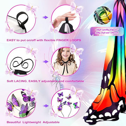 Butterfly Wings For Girls, Double-Sided Fairy Wings, Halloween Costumes for Kids, 3PCS Butterfly Cape Set.