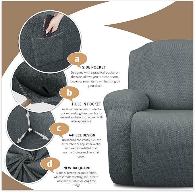 JIVINER 6-Piece Loveseat Recliner Slipcover Stretch Jacquard Recliner Sofa Cover 2 Seater Washable Reclining Couch Cover with Pocket Fitted Furniture Protector Cover (Loveseat Recliner, Light Gray)