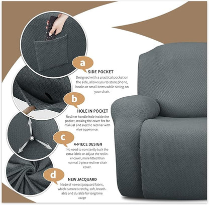 JIVINER 6-Piece Loveseat Recliner Slipcover Stretch Jacquard Recliner Sofa Cover 2 Seater Washable Reclining Couch Cover with Pocket Fitted Furniture Protector Cover (Loveseat Recliner, Light Gray)