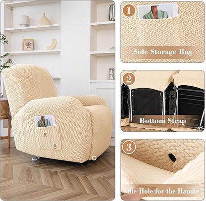 Jin Le 4 Pieces Recliner Cover Stretch Recliner Chair Cover - Reliner, Champagne 1 Seater Recliner Couch Covers Sofa Covers Jacquard Soft Furniture Protector with Elastic Bottom and Ties for Kids/Pets