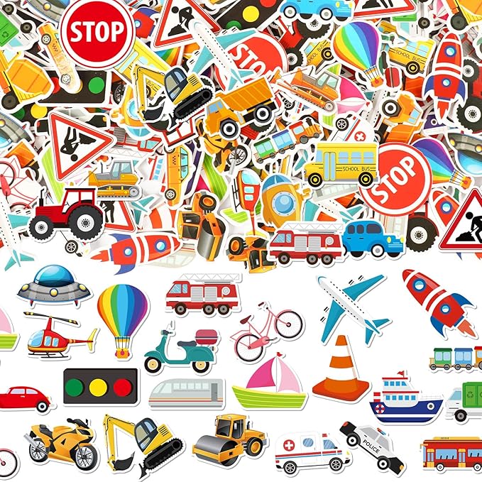 JULBEAR 300 Pieces Transportation Foam Stickers Bulk Self-Adhesive Cartoon Race Car Bus Vehicle Truck Stickers for Crafts Transportation Theme Party Favors Decoration School Reward DIY Supplies