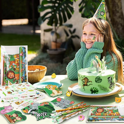 BenLouis 240Pcs Jungle Safari Party Favors Zoo Animals Sticker Stampers Slap Bracelets School Stationery Set Bulk Classroom Prizes for Kids Wild One Party Baby Shower Goodie Bags Fillers