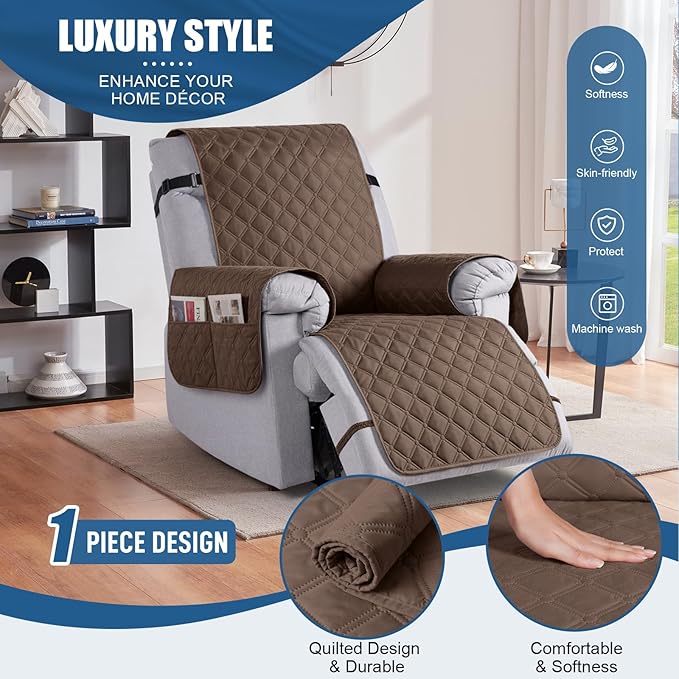 TAOCOCO 100% Waterproof Recliner Covers, Recliner Sofa Covers with Leg Straps, Reversible Recliner Couch Cover for Reclining Chair, Washable Couch Protector for Pets Kids(1 Seater 22", Brown)