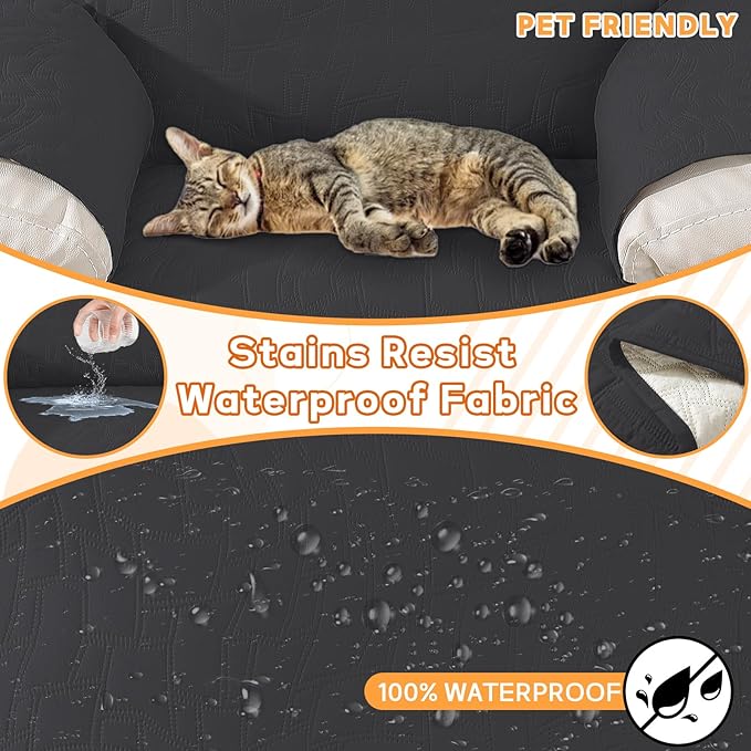 XINEAGE 100% Waterproof Recliner Chair Covers with Elastic Straps, Nonslip Reclining Couch Covers Washable Recliner Couch Cover with Pockets Furniture Protector for Pets Dogs (Black, 23")