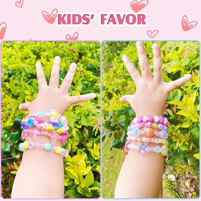 12 PCS Kids Bracelets for Girls Jewelry Little Girl Beaded Bracelets Flower Butterfly LOVE Letter Pink Princess Pretend Play Easter Christmas Birthday Gift