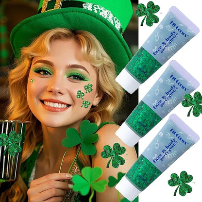 Face Body Glitter, Hair Glitter Sparkles Chunky St Patricks Day Face Glitter Makeup,Green Face Paint Holographic Chunky Sequins Glitters for Eye Lip Hair Nails,Festival Rave Accessories (3pc Green)