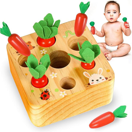 YOFUN Montessori Toys for Toddler - Carrot Harvest Wooden Matching Puzzle, Shape & Size Sorting Games for Developing Fine Motor Skill, Educational Gift for Baby Boys Girls, Made of Natural Pine Wood