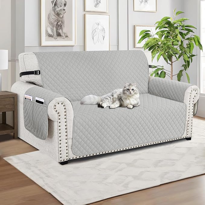 XINEAGE Loveseat Sofa Cover Waterproof Couch Covers for 2 Cushion Couch, Soft Washable Slipcover with Pockets & Non-Slip Elastic Straps, Thick Furniture Protector (Loveseat, Light Grey)