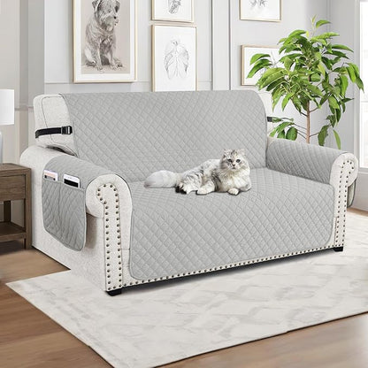 XINEAGE Loveseat Sofa Cover Waterproof Couch Covers for 2 Cushion Couch, Soft Washable Slipcover with Pockets & Non-Slip Elastic Straps, Thick Furniture Protector (Loveseat, Light Grey)