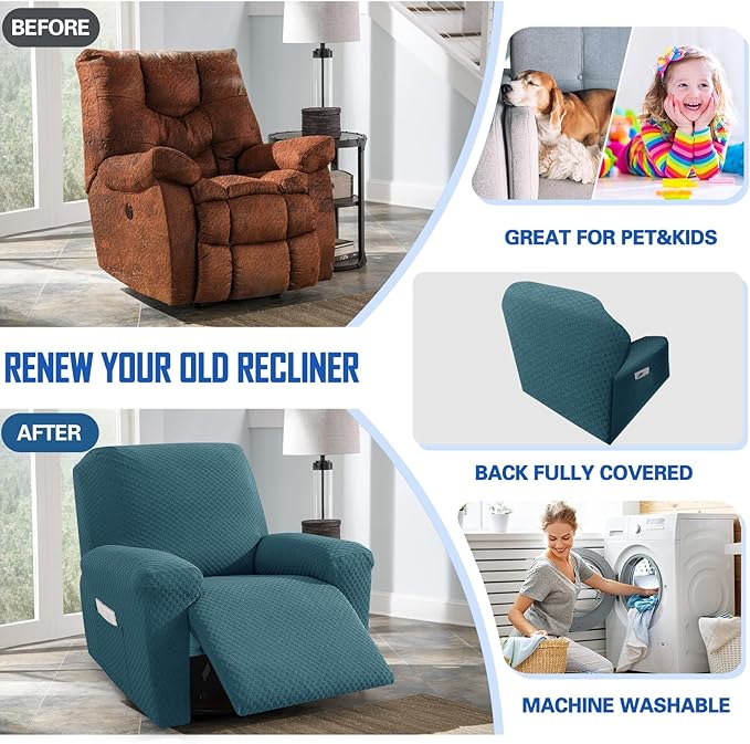 MAXIJIN Recliner Cover Slipcovers for Living Room 4 Pieces Stretch Jacquard Recliner Chair Cover Soft Fitted Recliner Protector with Elastic Bottom for Kids, Pets (Recliner, Peacock Blue)