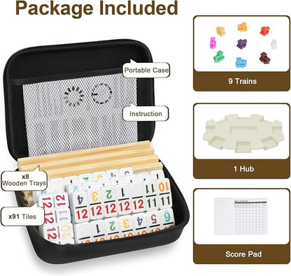 Mexican Train Dominoes Set with Numbers and 8 Wooden Trays/Racks, Double 12 Dominos Travel Set with 8 Tiles Holders, 91 Tiles Double 12 Colored Dominoes Game Set with Portable Case for Families Kids