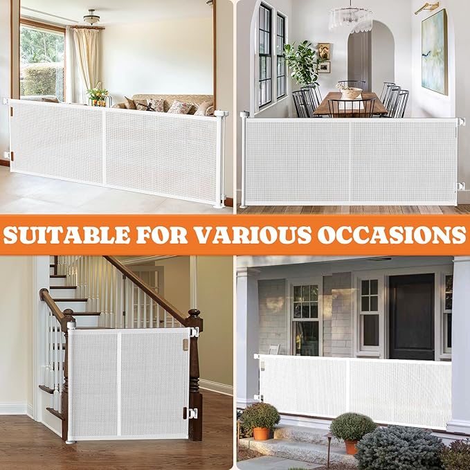 Upgrade Retractable Baby Gates, 35" Tall Extends up to 60" Wide, Mesh Dog Gate Indoor for Stairs, Outdoor Reinforced Pet Gate with Support Rods for Doorways Hallways Kitchen Bedroom, White