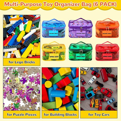 Tesuko 6 Pack Clear Toy Storage Bag with Name Tag& Manual Pocket, Waterproof Transparent PVC Toy Organizer Case for Lego Bricks, Board Games, Building Blocks, Puzzles (Large Capacity, Full Colourful)