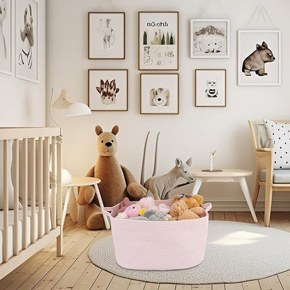 XUANGUO Large Rectangle Blankets Baskets 22"x17"x12" Toy Basket for Kids Woven Cotton Rope Storage Basket for Nursery - Wicker Laundry Baskets for Clothes Towels - Ideal for Living Room Storage pink