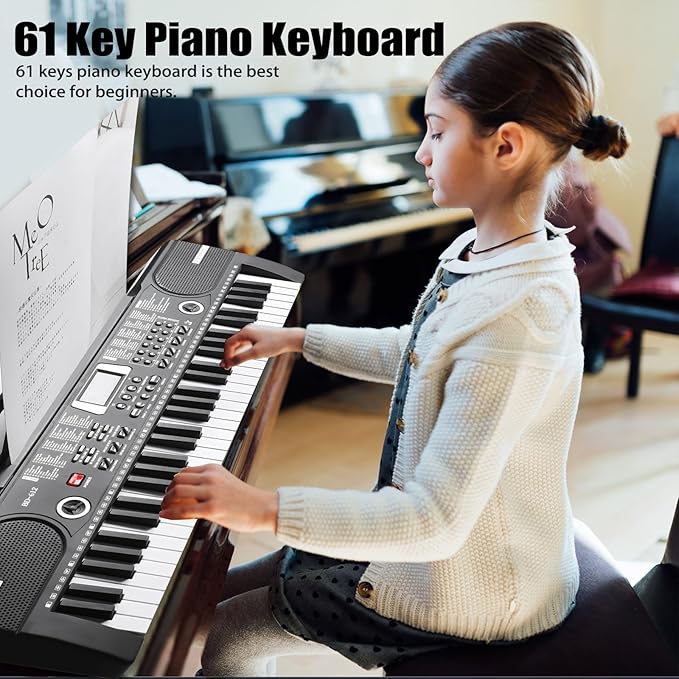 61 Key Keyboard Piano, Portable Electronic Keyboard Piano for Beginners with Speakers, Microphone, Sheet Music Stand, 100 Voices, 100 Rhythms, Digital Music Keyboard Built-In Speakers - Black