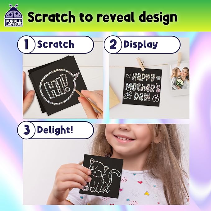 PURPLE LADYBUG Silver Holographic Scratch Art Mini Notes - Scratch Art Notes for Kids, Kids Games, Craft for Kids Summer Activities, Airplane Activities for Kids Ages 4-8, Camping Games for Kids