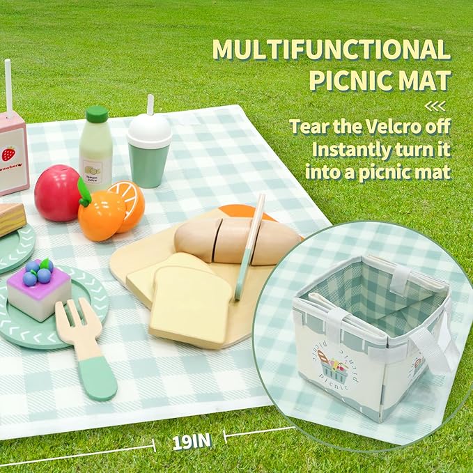 Picnic Playset - Wooden Play Food - Play Food Sets for Kids Kitchen - Pretend Food, Toy Food with Multifunctional Storage Bag, Non-Toxic Toy Picnic Set Best Gift for 3+ Toddlers