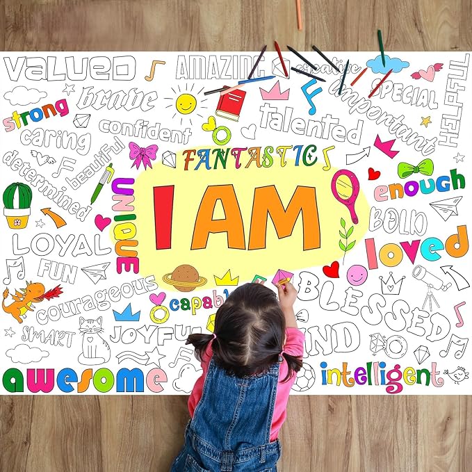 Naozinebi Positive Affirmations Coloring Poster for Children Kids Giant Coloring Poster Large Positive Coloring Tablecloth Jumbo Coloring Books for kids Classroom Home Birthday Party Supplies Favor