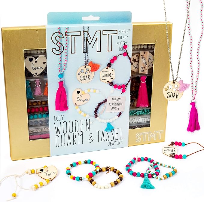 STMT DIY Wooden charm & Tassel Jewelry Art & Craft Kit by Horizon Group USA, Design & Create 10Piece of Vsco Girl Jewelry, Includes Wood Charms, Colorful Tassels, Beads, Chains & More, Multicolored