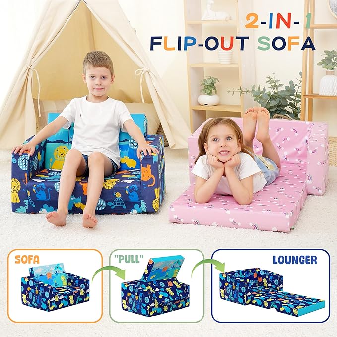 MallBest Kids Sofas Children's Sofa Bed Baby's Upholstered Couch Sleepover Chair Flipout Open Recliner（Blue）