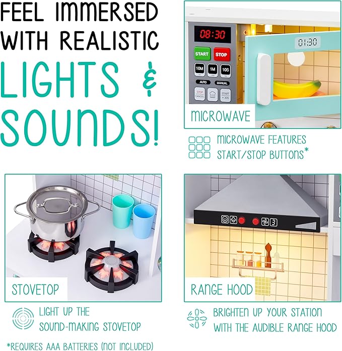 Lil’ Jumbl Kids Wooden Kitchen Set, Pretend Working Sink with Real Running Water, Includes Range Hood, Microwave & Stove Top That Make Realistic Sound & Light, Full Accessory Set Included