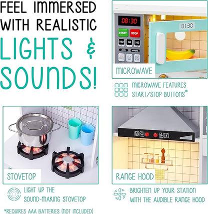 Lil’ Jumbl Kids Wooden Kitchen Set, Pretend Working Sink with Real Running Water, Includes Range Hood, Microwave & Stove Top That Make Realistic Sound & Light, Full Accessory Set Included
