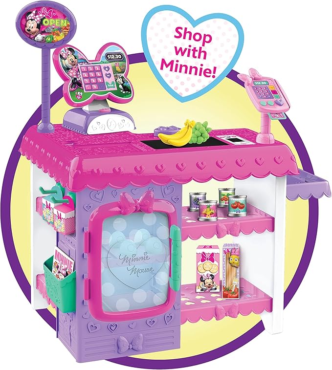 Disney Junior Minnie Mouse Marvelous Market, Pretend Play Cash Register with Realistic Sounds, 38 Play Food Pieces and Accessories, Officially Licensed Kids Toys for Ages 3 Up by Just Play