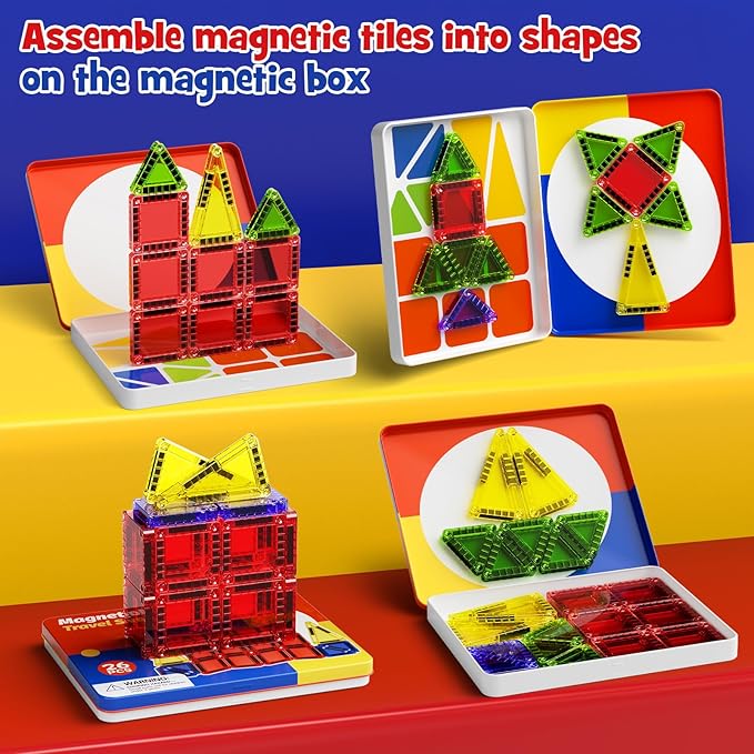 WMXDU Mini Magnetic Tiles with Iron Case, Magnetic Building Toys Kid's Travel Essential Portable Creativity On-The-Go Magnet Blocks STEM Travel Toys for Toddler Boys Girls Ages 3+, 26-Piece