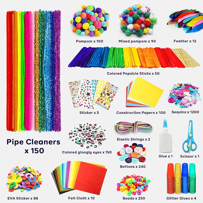 FUNZBO Arts and Crafts Supplies for Kids - Crafts for Girls with Pipe Cleaners, Construction Paper, Pom poms & Googly Eyes, Crafts for Kids Ages 4-8, School Craft Projects, Gifts for Girls