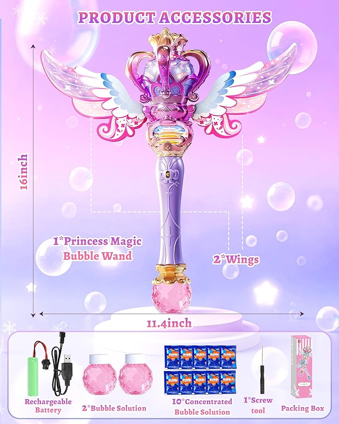 Uregoio Princess Bubble Wands Machine for Kids with Rotating Design, Outdoor Bubble Maker Toys for Kids Ages 4-8, Rechargeable Light & Music Fairy Wands, Party Birthday for 3+ Year Old Girls(Purple)