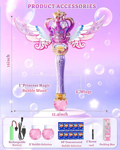 Uregoio Princess Bubble Wands Machine for Kids with Rotating Design, Outdoor Bubble Maker Toys for Kids Ages 4-8, Rechargeable Light & Music Fairy Wands, Party Birthday for 3+ Year Old Girls(Purple)