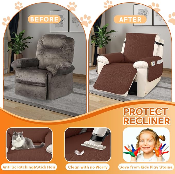 XINEAGE 100% Waterproof Recliner Chair Covers with Elastic Straps, Nonslip Reclining Couch Covers Washable Recliner Couch Cover with Pockets Furniture Protector for Pets Dogs (Coffee, 23")