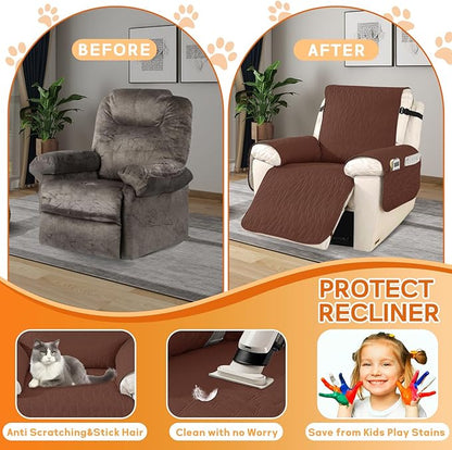 XINEAGE 100% Waterproof Recliner Chair Covers with Elastic Straps, Nonslip Reclining Couch Covers Washable Recliner Couch Cover with Pockets Furniture Protector for Pets Dogs (Coffee, 25")
