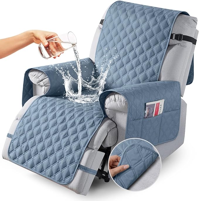 TAOCOCO 100% Waterproof Recliner Covers, Recliner Sofa Covers with Leg Straps, Reversible Recliner Couch Cover for Reclining Chair, Washable Couch Protector for Pets Kids(1 Seater 28", Sky Blue)