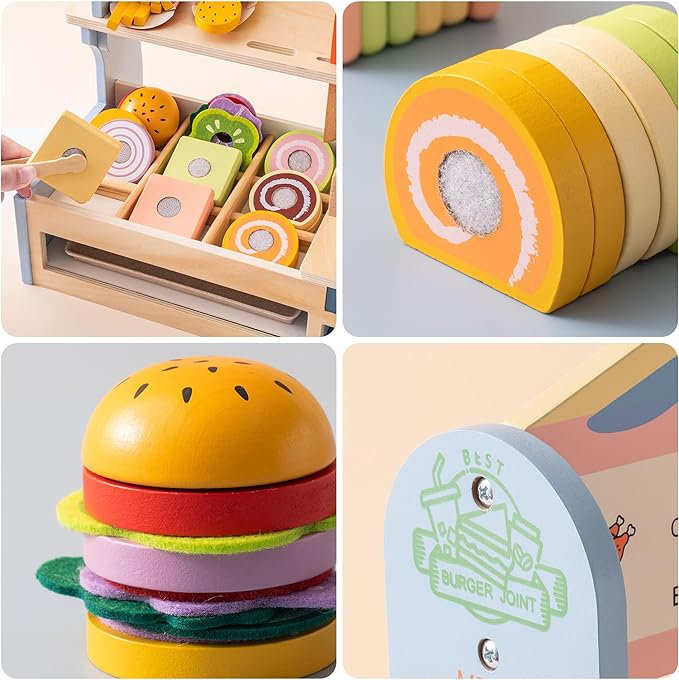 ROBUD Pretend Play Food Toys for Kids Toddlers, Wooden Kitchen Food Sets for Boys Girls - Sandwich Counter with Deli Slicer