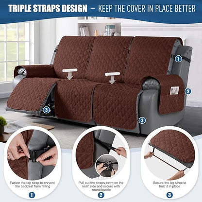TAOCOCO 100% Waterproof Recliner Covers, Recliner Sofa Covers with Leg Straps, Reversible Recliner Couch Cover for Reclining Chair, Washable Couch Protector for Pets Kids(3 Seater, Coffee)