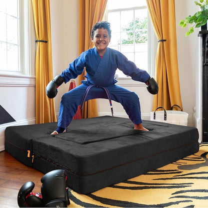 Jaxx Zipline Kids Sofa & Large Ottoman 3 in 1 Fold Out Sofa, Big Kids Edition Black