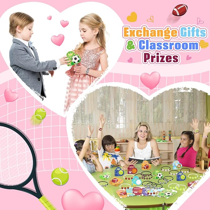 Valentines Day Gifts for Kids - 30 Pack Valentines Day Cards for Kids School Classroom Heart Boxes with Sports Party Favors Bracelets, Valentines Party Favors for Kids Exchange, Games Prize Rewards