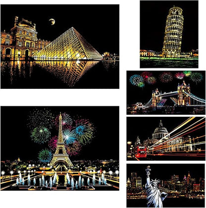 Georgie Porgy Scratch Paper Art A3 Set DIY Arts and Crafts Kits for Kids Adults, Magic Rainbow Scratch Postcard for Christmas Birthday Gift with Scratching Tools Kit (Paris + Louvre)