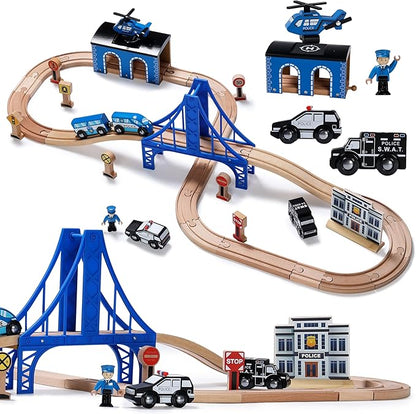 SainSmart Jr. Wooden Train Set - Interactive Police Playset for Kids | Building Toy with Train, Figures & Accessories | Compatible with Brio, Thomas, Melissa and Doug | Educational STEM Gift