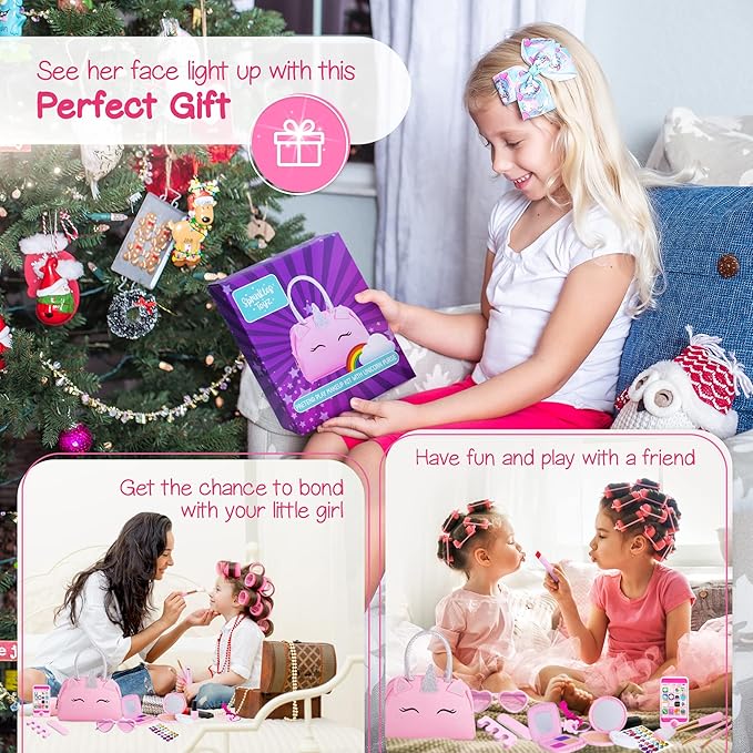 Pretend Play Makeup Kit for Little Girls with Unicorn Purse : Fake (Not Real) Make up Toy Set for Toddler and Kids - Includes Phone with Sounds, Princess Birthday Gift Set for Ages 3 4 5 6 7 8 Years