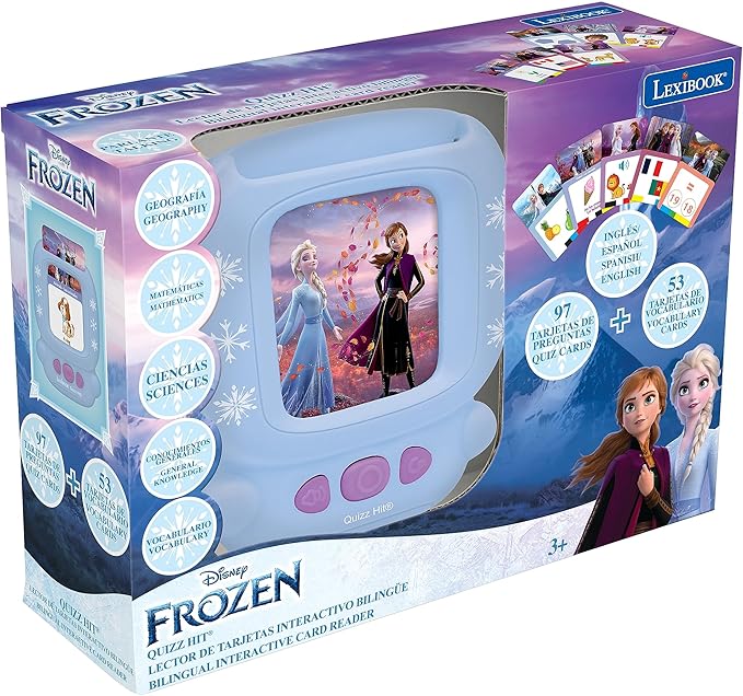 LEXiBOOK, Frozen, Bilingual Interactive Card Reader, Spanish/English, 150 Double-Sided Educational Cards, Educational Quiz & flashcard Machine, Blue/Purple, JCR10FZi2