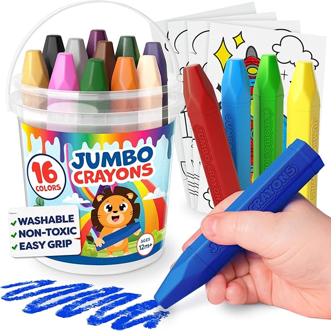 Jumbo Jumbo Crayons For Kids, Ages 1-8 - 16pc, Large, Non-Toxic Washable With Printed & PDF Color Sheets