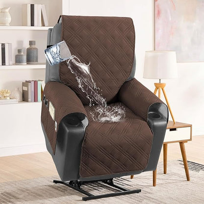 H.VERSAILTEX 100% Waterproof Recliner Chair Cover Non-Slip Reclining Cover for Electric Power Lift Recliner Chair Washable Reclining Chair/Furniture Protector for Kids, Pets,Brown/Beige