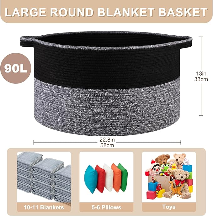 OIASKET Large Blanket Basket with Handles, 22.8" x 22.8" x 13" Woven Storage Basket for Living Room, Cotton Rope Baby Toy Storage for Clothes, Pillows, Towels-Black and Grey