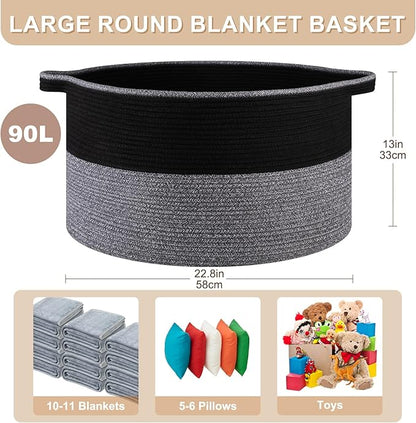 OIASKET Large Blanket Basket with Handles, 22.8" x 22.8" x 13" Woven Storage Basket for Living Room, Cotton Rope Baby Toy Storage for Clothes, Pillows, Towels-Black and Grey