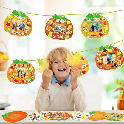 Qyeahkj 36 Sets Fall Thanksgiving Craft for Kids DIY Autumn Pumpkin Picture Frame Craft Kit with Easel Fun Photo Frame Craft and Arts Kit for Home Class Kindergarten Party Art Activity