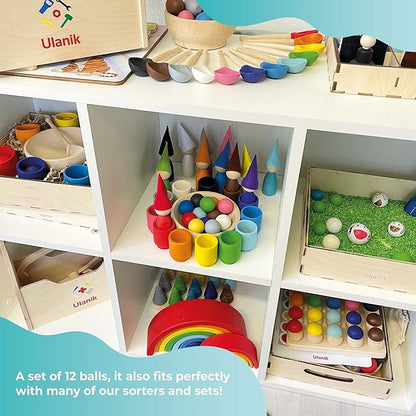 Ulanik Small Wooden Balls for Sorters Toddler Montessori Toys for 1 Year Old + Kids Preschool Wooden Matching Games for Learning Color Sorting and Counting