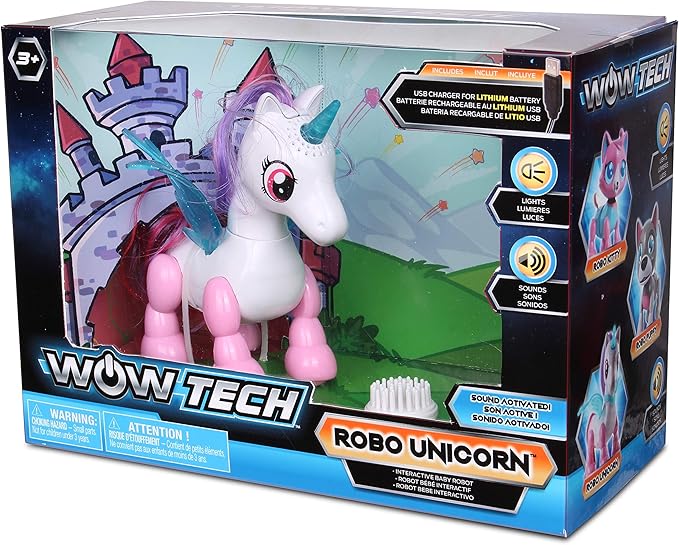 NKOK USB PetBotz - Robo Unicorn, Rechargeable, Miniature, Interactive pet Robot, Lights up, Sound Activated, Makes Noises on Command, Comes with Necklace and Hair Brush, USB Charger Included