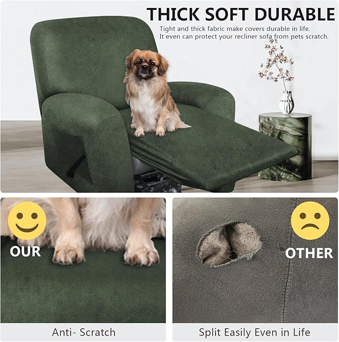 Leather Like Recliner Chair Covers Heavy Duty, 4 Pieces Lazy Boy Recliner Cover for Recliner Chair, Leather Cover for Recliner slipcovers Washable for Pets (Army Green)
